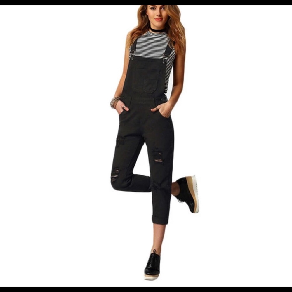 Black Denim Distressed Overalls